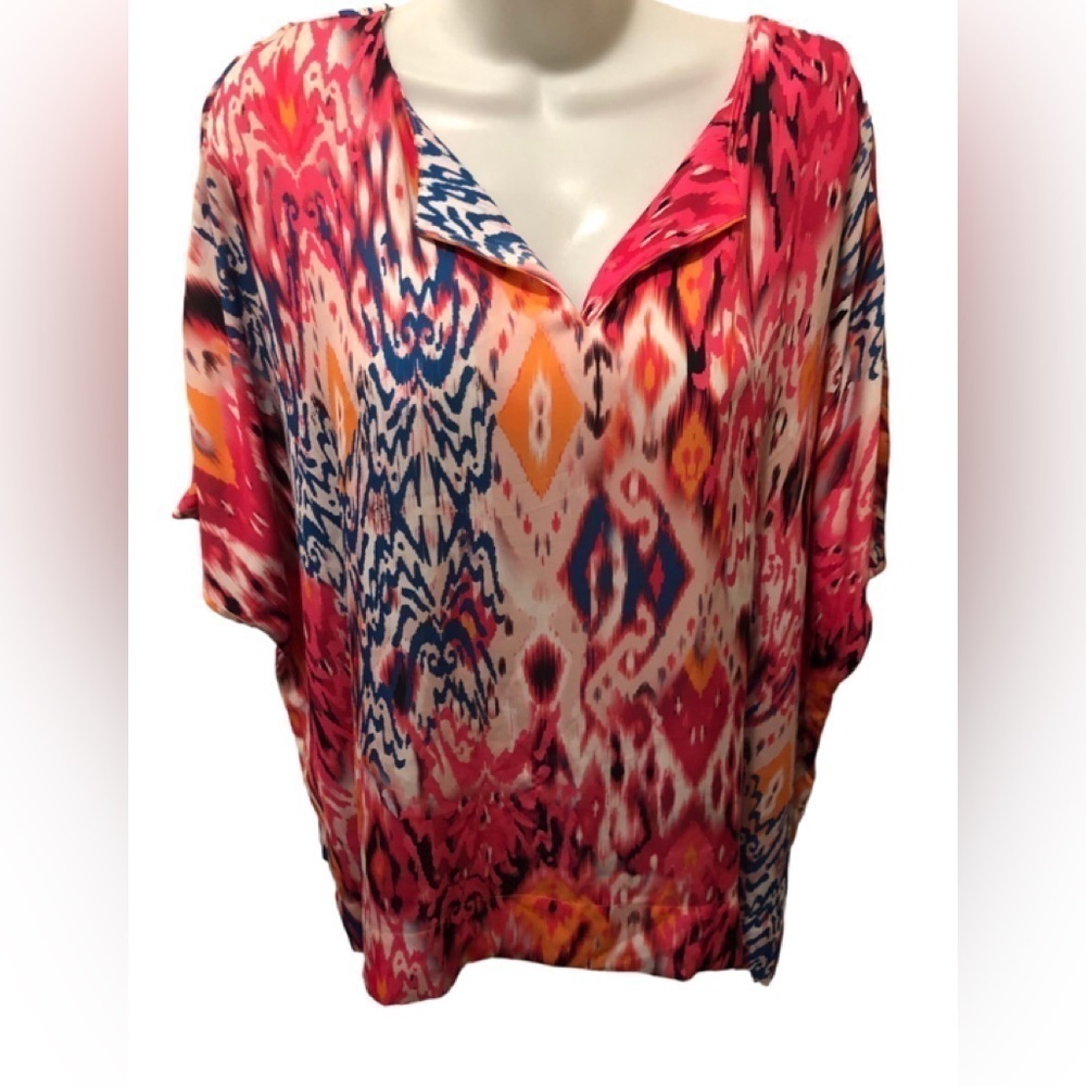 Chico’s Ikat-Print Split-Neck Blouse 3XL Dolman Sleeve Bright Colors Chiffon